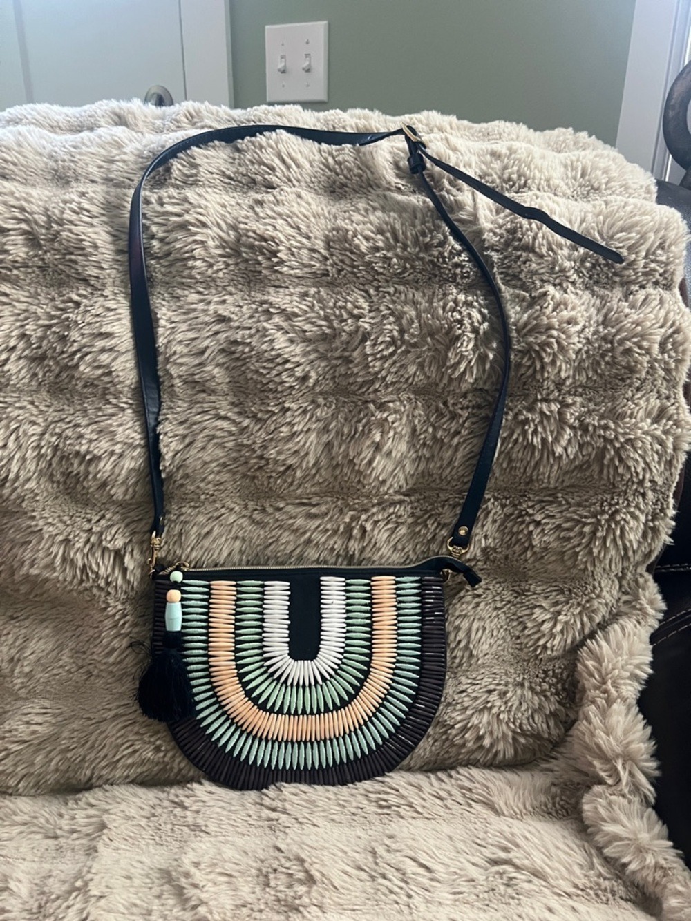 Stella & Dot Black Crossbody with Mint & Peach Beadwork